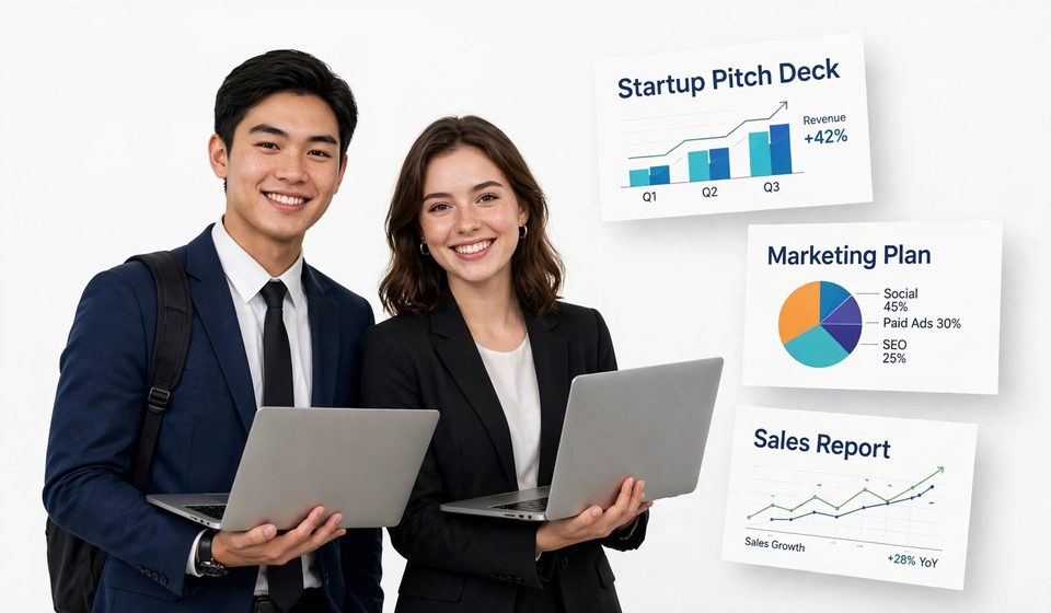 Two students holding laptops beside example presentation slides
